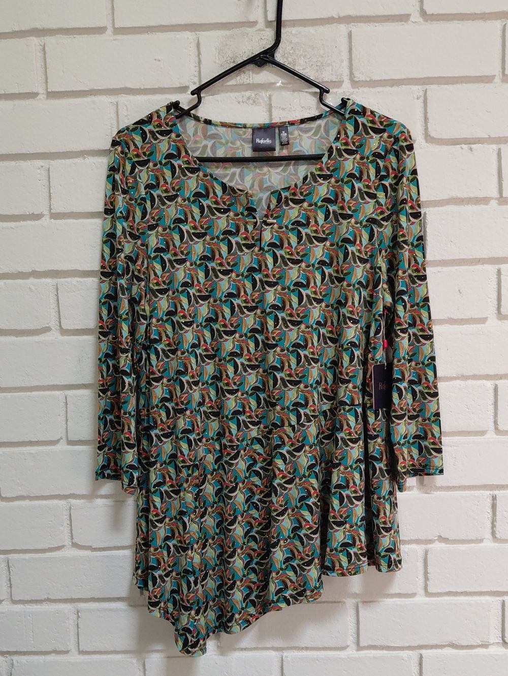 Rafaella Teal Multi-Color Embellished Gold Detail  Asymetrical Top. Sz Small NWT